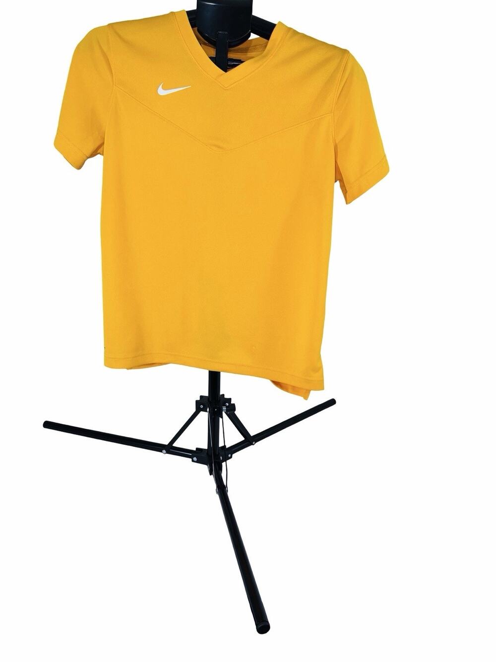 Nike women's M Yellow V-Neck Jersey T-Shirt Polyester Soccer Breathable Logo